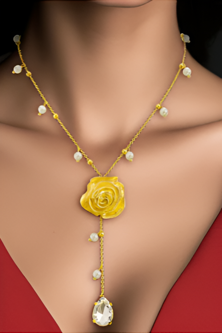 Gold Rose & Pearl Drop Necklace